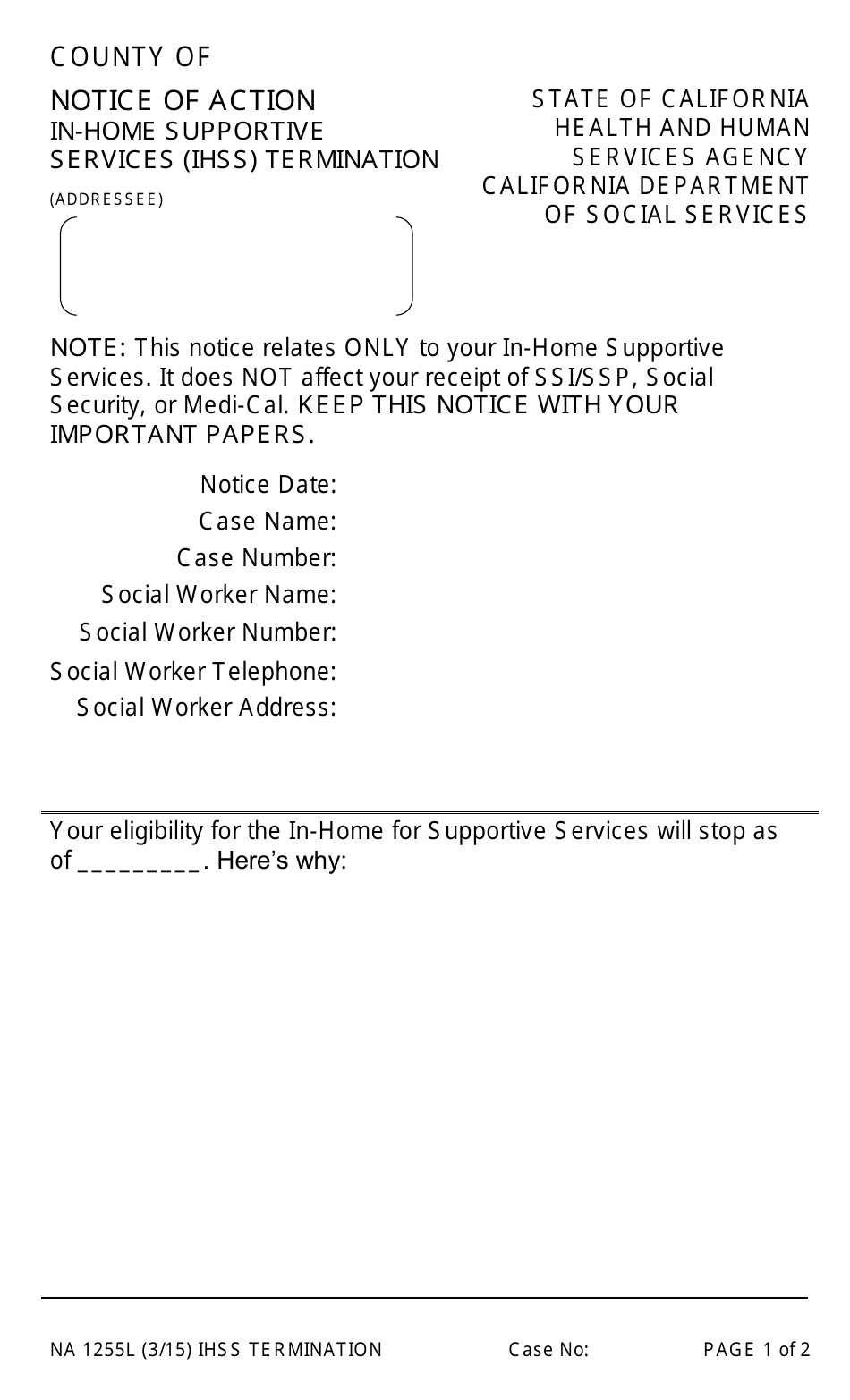 Form NA1255L Notice of Action in-Home Supportive Services (Ihss) Termination - California, Page 1