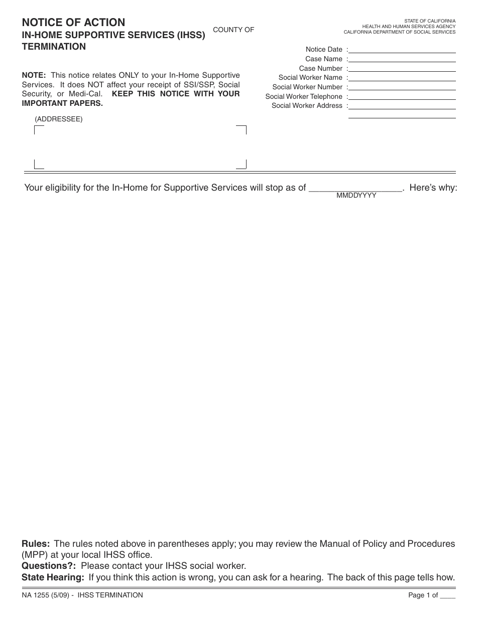 Form NA1255 Notice of Action in-Home Supportive Services (Ihss) Termination - California, Page 1