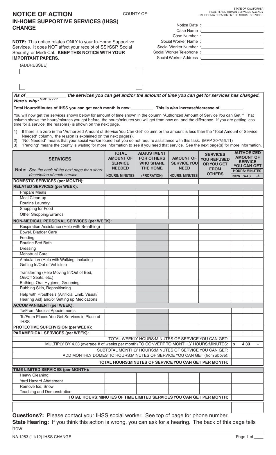 Form NA1253 Notice of Action in-Home Supportive Services (Ihss) Change - California, Page 1