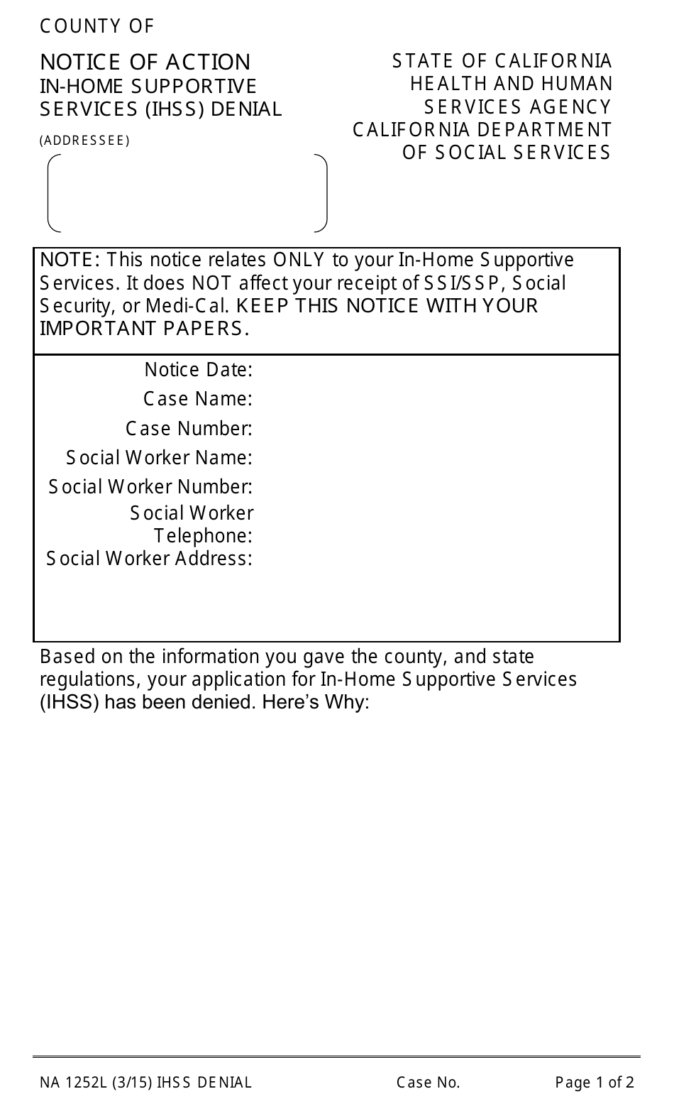 Form NA1252L Notice of Action in-Home Supportive Services (Ihss) Denial - California, Page 1