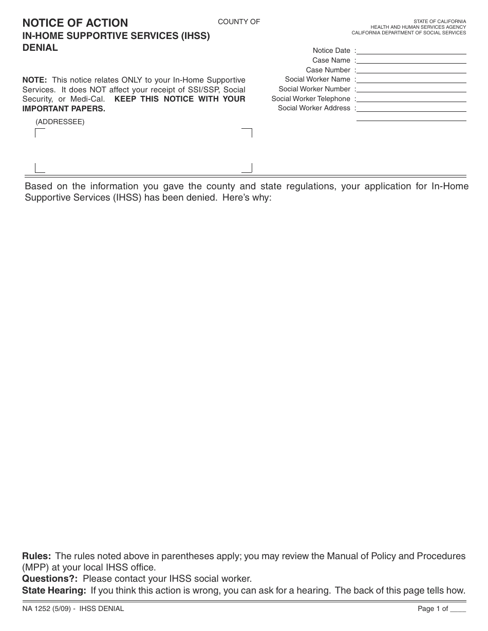 Form NA1252 Notice of Action in-Home Supportive Services (Ihss) Denial - California, Page 1