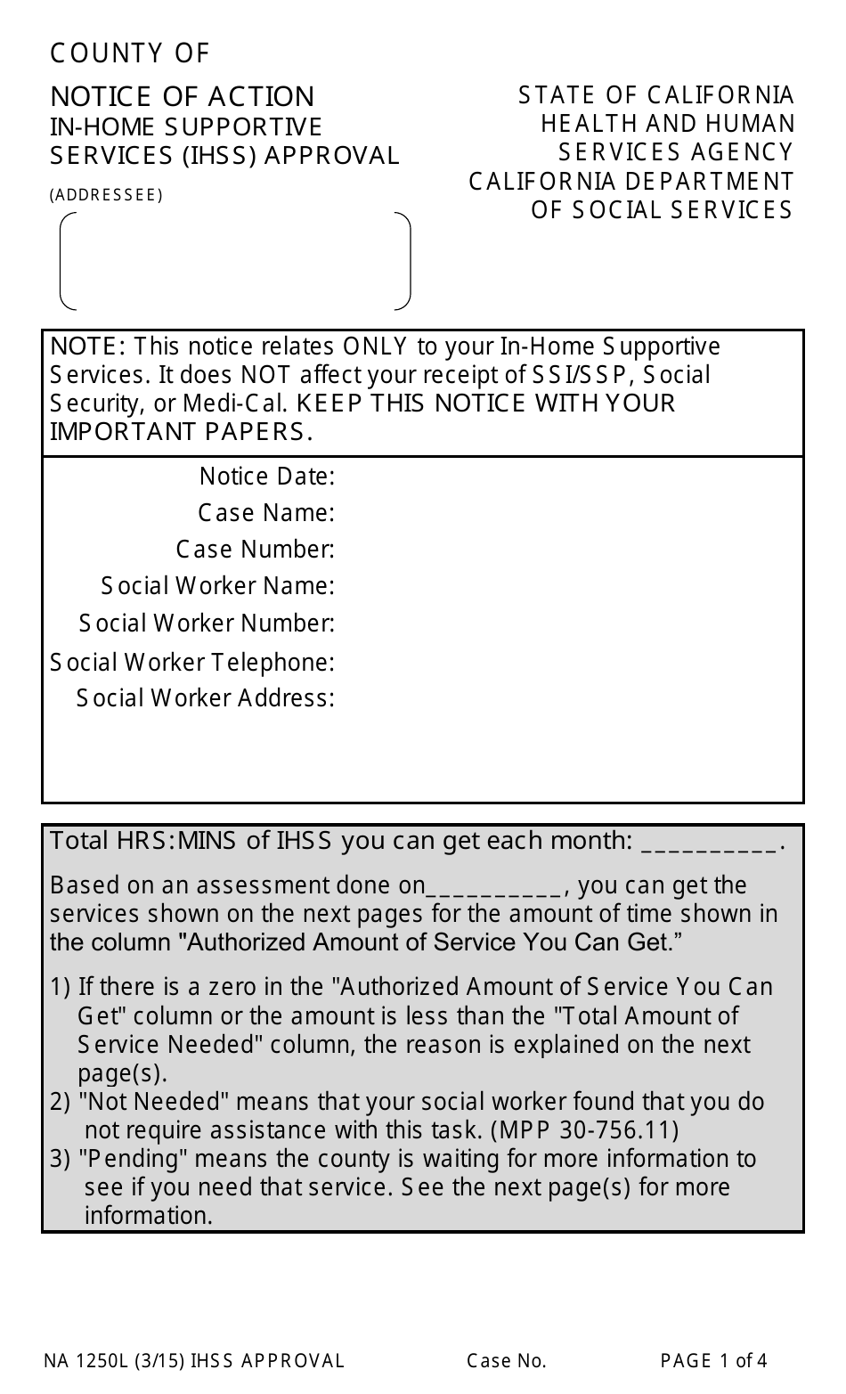 Form NA1250L Notice of Action in-Home Supportive Services (Ihss) Approval - California, Page 1