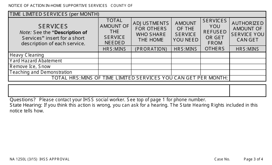 Form NA1250L Notice of Action in-Home Supportive Services (Ihss) Approval - California, Page 4