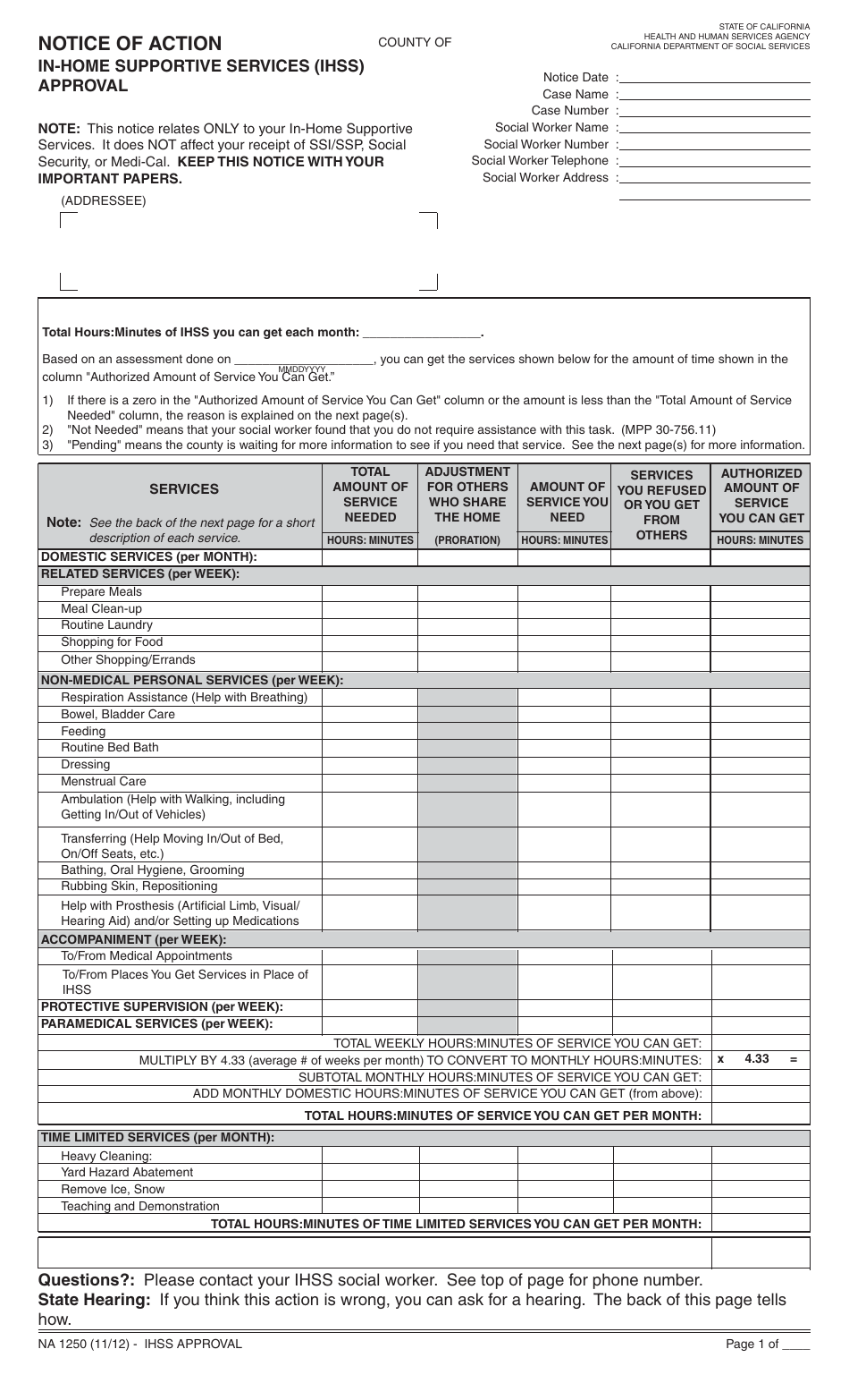 Form NA1250 Notice of Action - in-Home Supportive Services (Ihss) Approval - California, Page 1