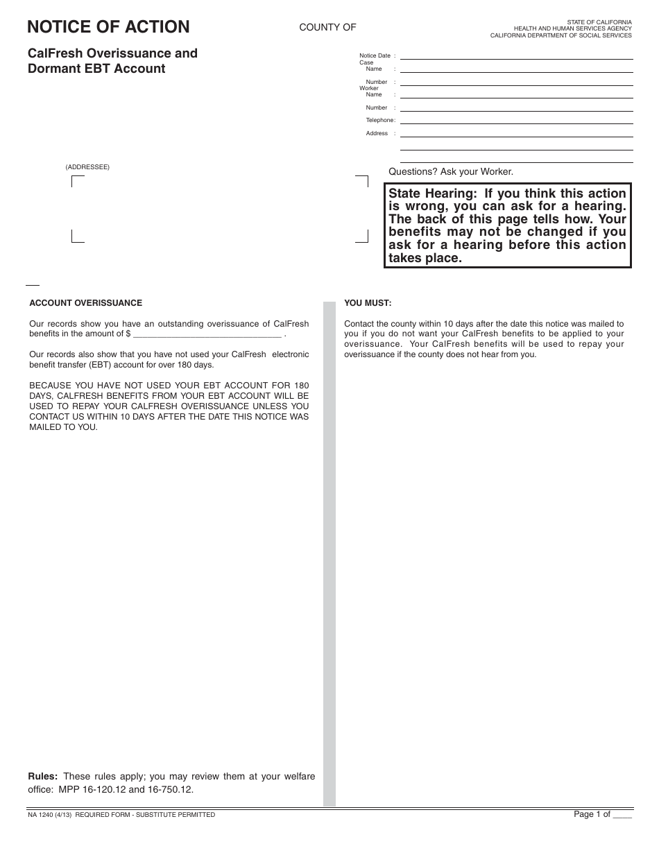 Form NA1240 Notice of Action - CalFresh Overissuance and Dormant Ebt Account - California, Page 1