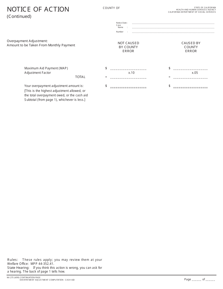 Form NA275 Notice of Action - Continuation Page - Overpayment Adjustment Computation - Cash Aid - California, Page 1