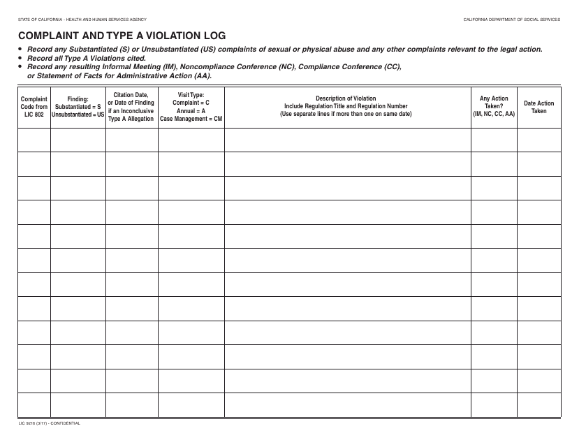 Form LIC9216  Printable Pdf