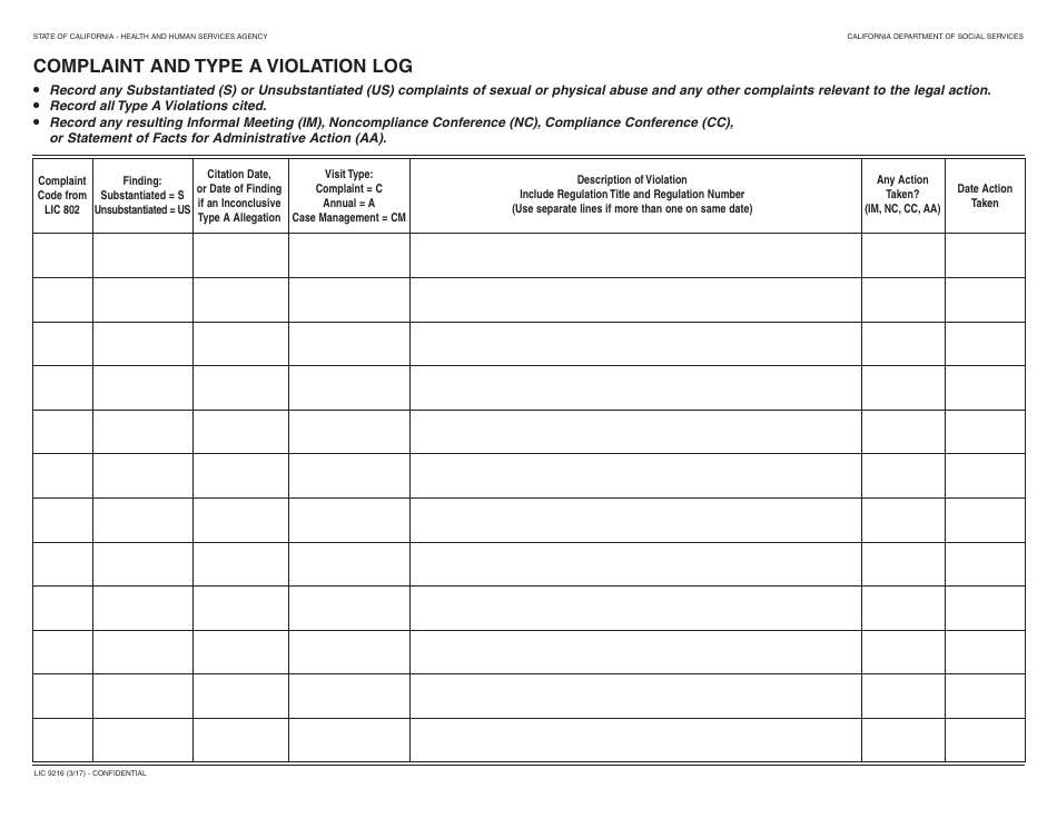 Form LIC9216 Complaint and Type a Violation Log - California, Page 1