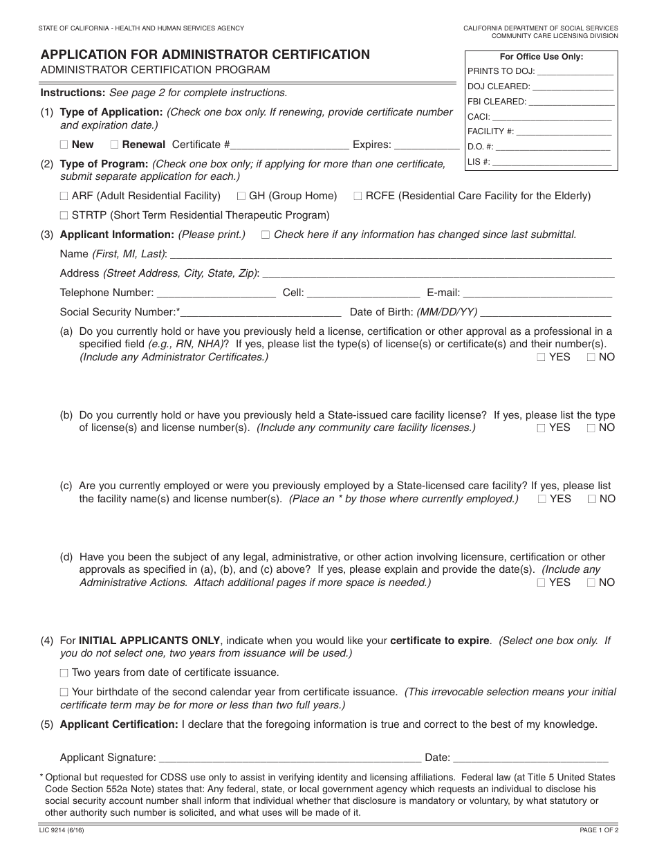 Form LIC9214 - Fill Out, Sign Online and Download Fillable PDF ...