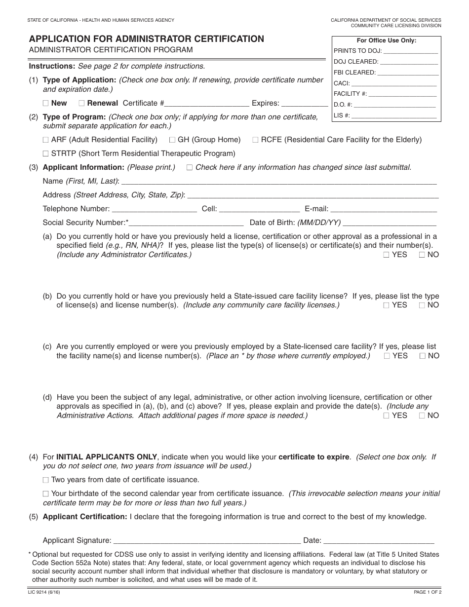 Form LIC9214 Application for Administrator Initial Certification - Administrator Certification Program - California, Page 1