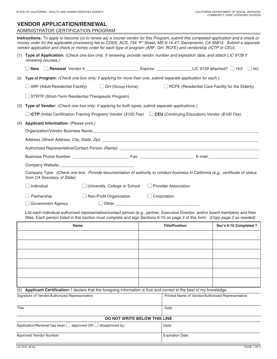 Form LIC9141 Vendor Application / Renewal - Administrator Certification Program - California, Page 1