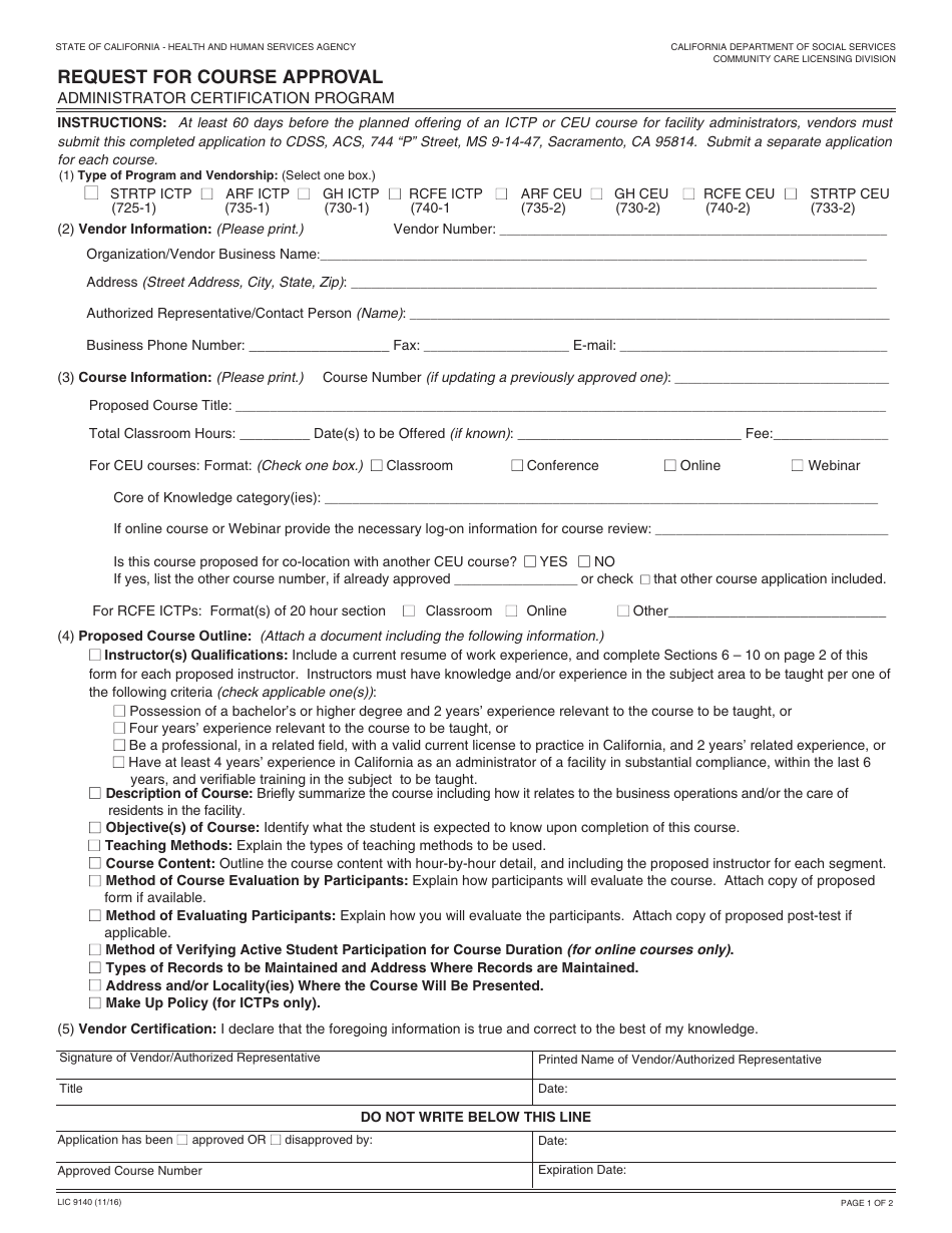 Form LIC9140 Request for Course Approval - Administrator Certification Program - California, Page 1