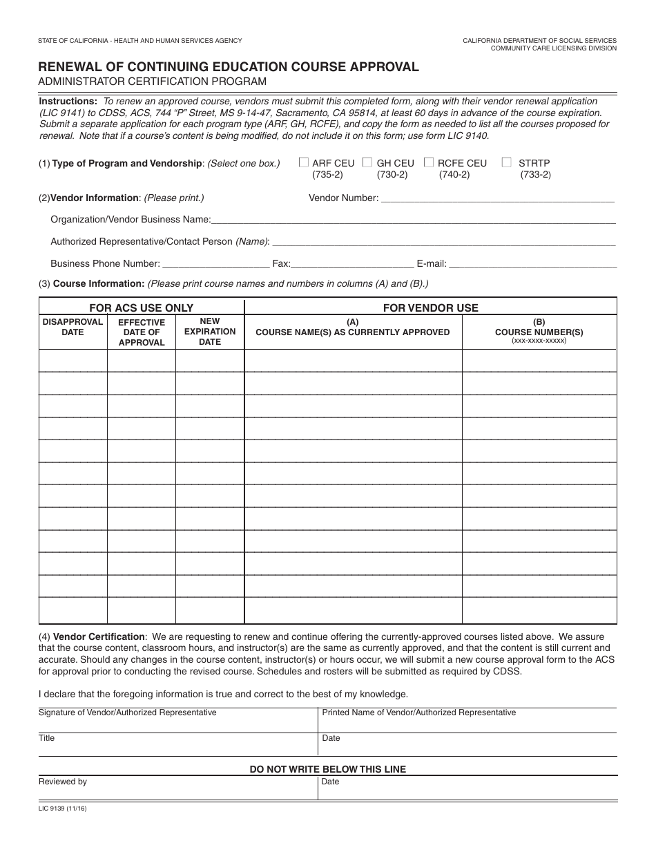 Form LIC9039 Renewal of Continuing Education Course Approval - Administrator Certification Program - California, Page 1