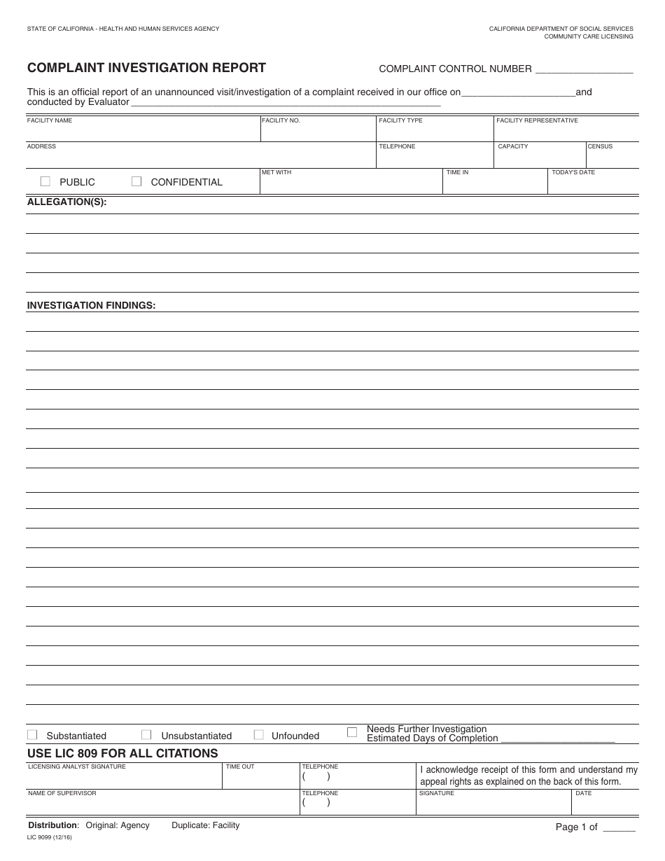 Form LIC9099 Complaint Investigation Report - California, Page 1