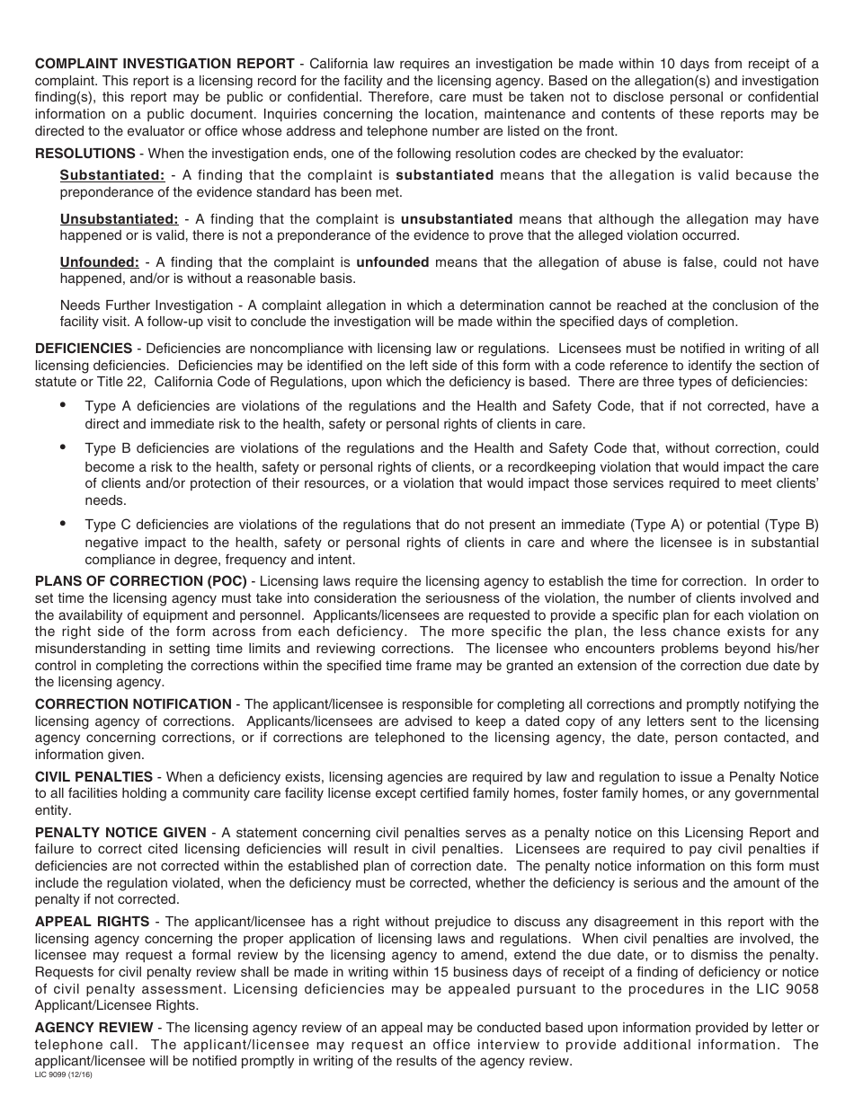 Form LIC9099 Complaint Investigation Report - California, Page 2
