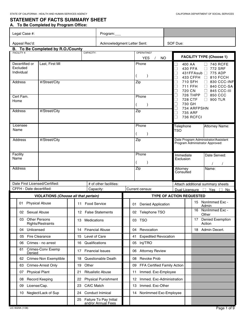 Form LIC9029A Statement of Facts Summary Sheet - California, Page 1