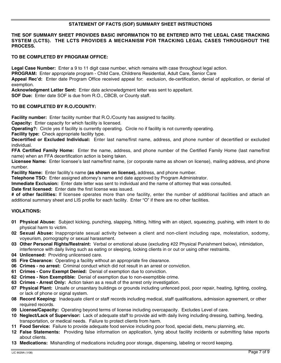 Form LIC9029A Statement of Facts Summary Sheet - California, Page 7