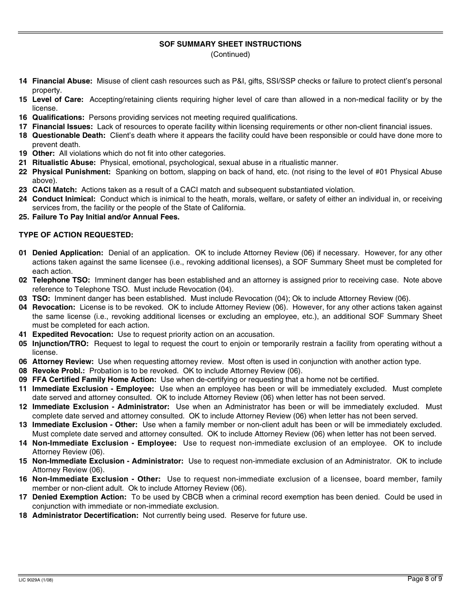 Form LIC9029A Statement of Facts Summary Sheet - California, Page 8