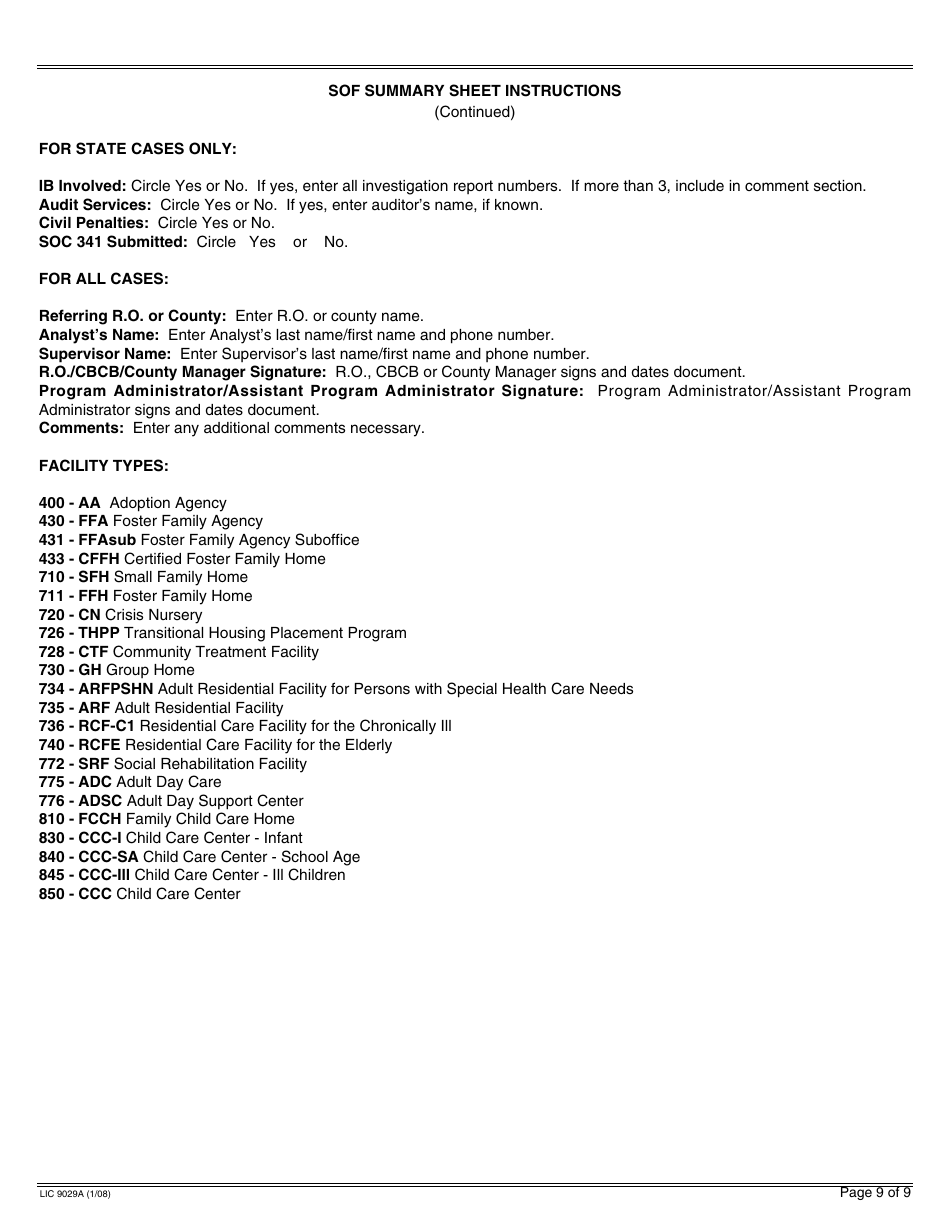 Form LIC9029A Statement of Facts Summary Sheet - California, Page 9