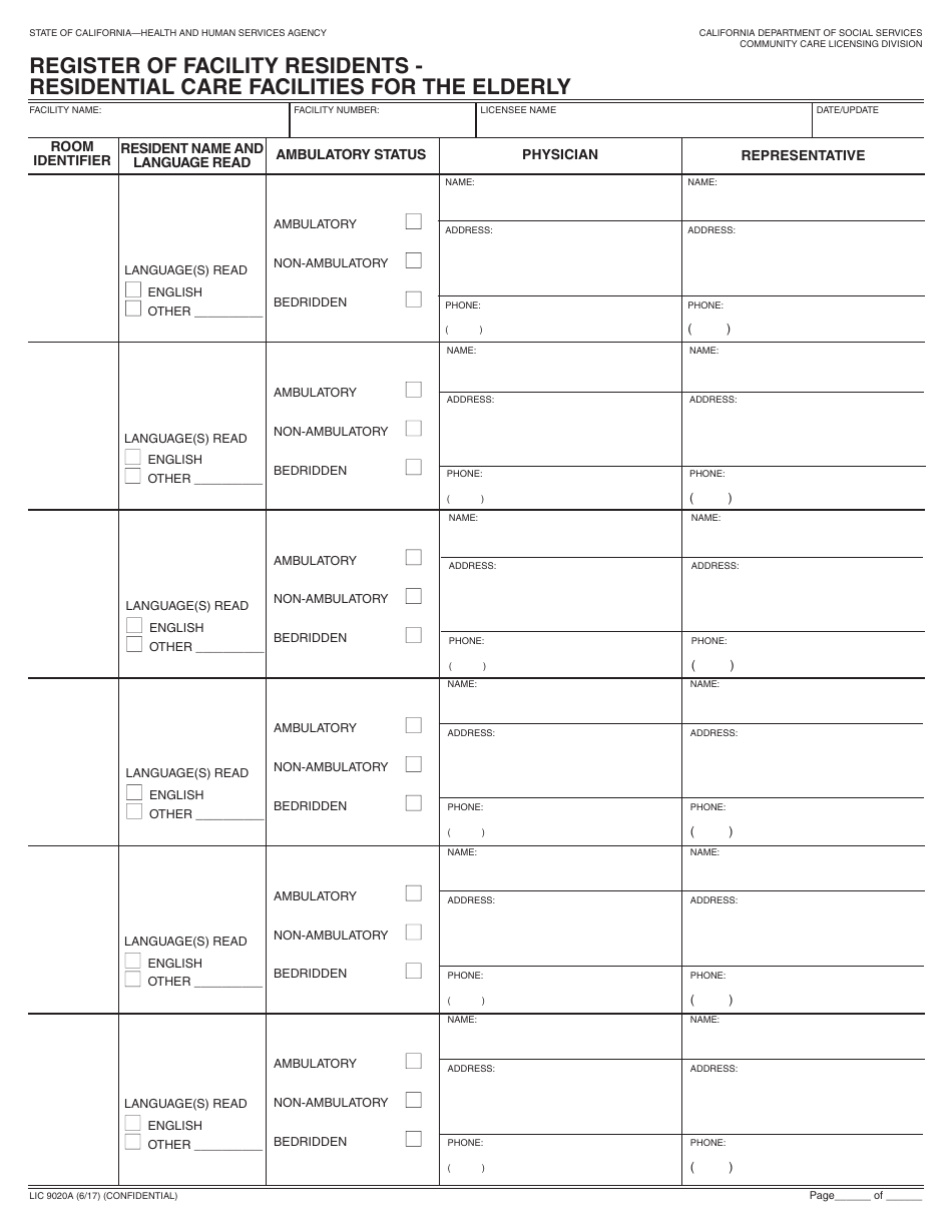 Form LIC9020a Register of Facility Residents - Residential Care Facilities for the Elderly - California, Page 1