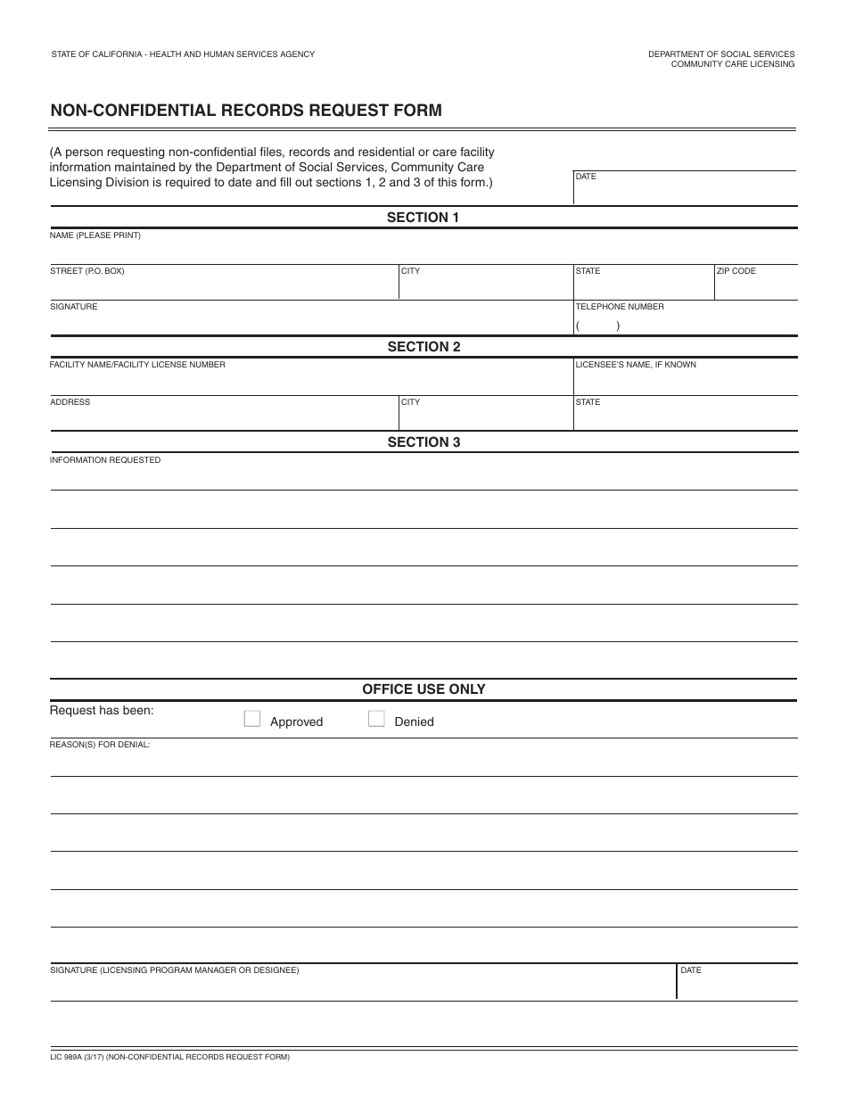 Form LIC989A Non-confidential Records Request Form - California, Page 1