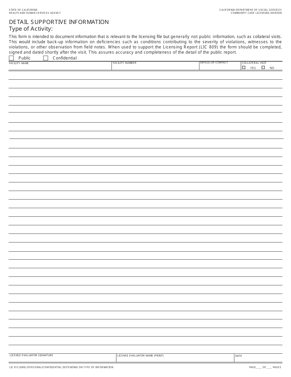 Form LIC812 Detail Supportive Information - California, Page 1