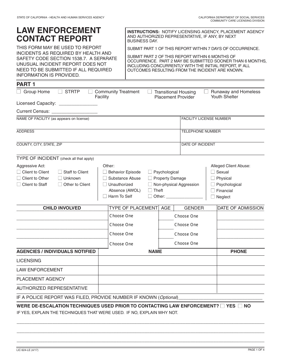 Form LIC624-LE Law Enforcement Contact Report - California, Page 1