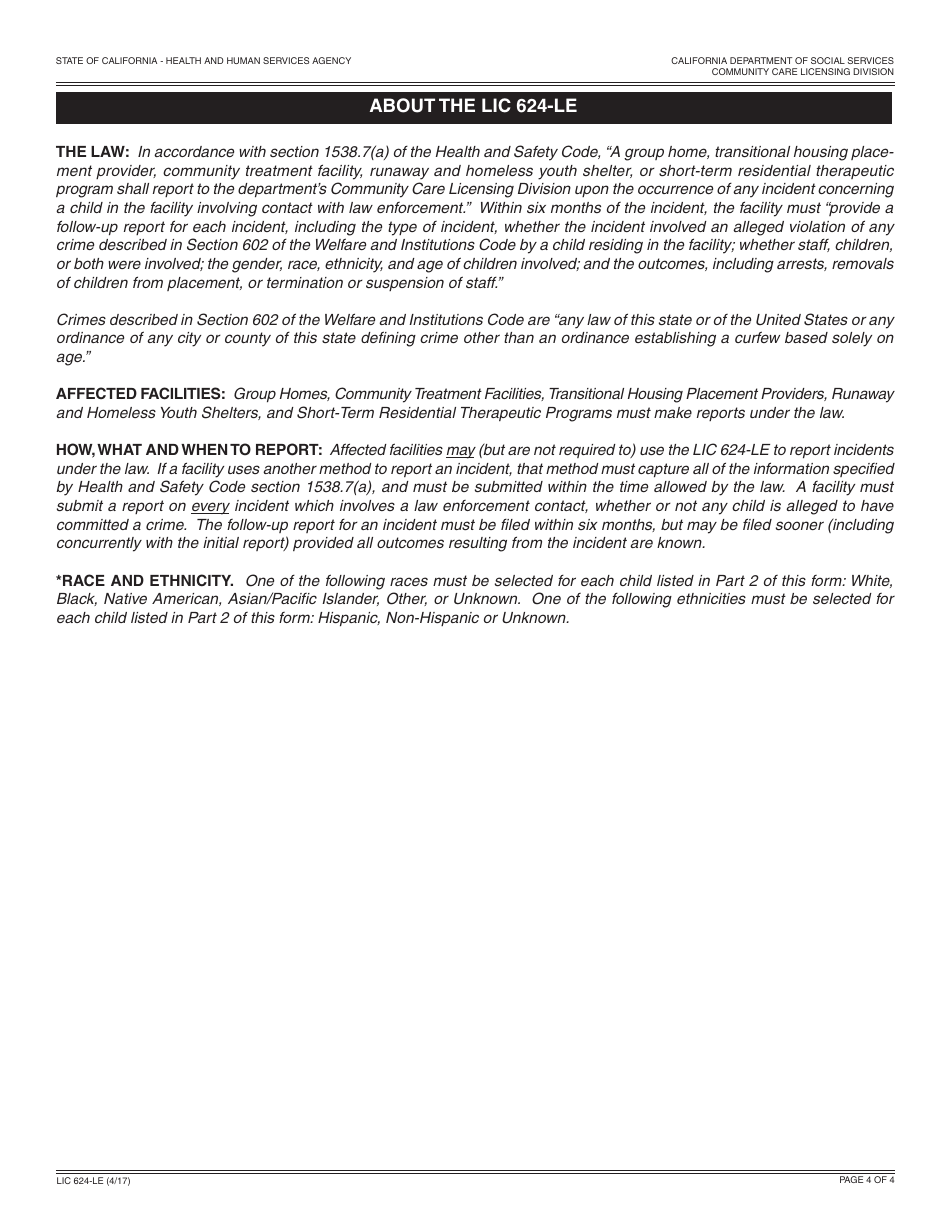 Form LIC624-LE Law Enforcement Contact Report - California, Page 4