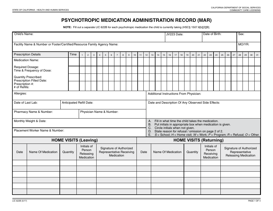 Form LIC622b Psychotropic Medication Administration Record (MAR) - California, Page 1