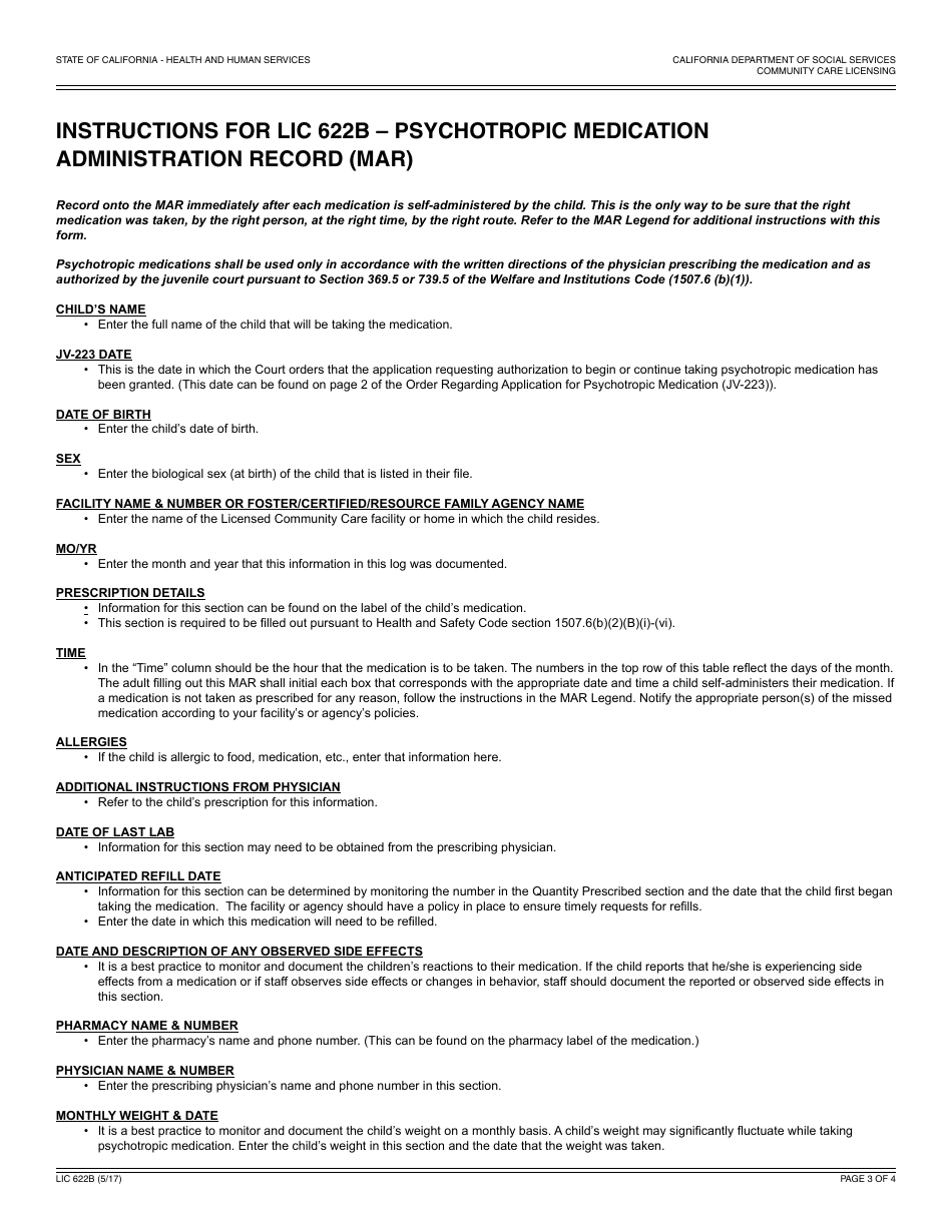 Form LIC622b Psychotropic Medication Administration Record (MAR) - California, Page 3