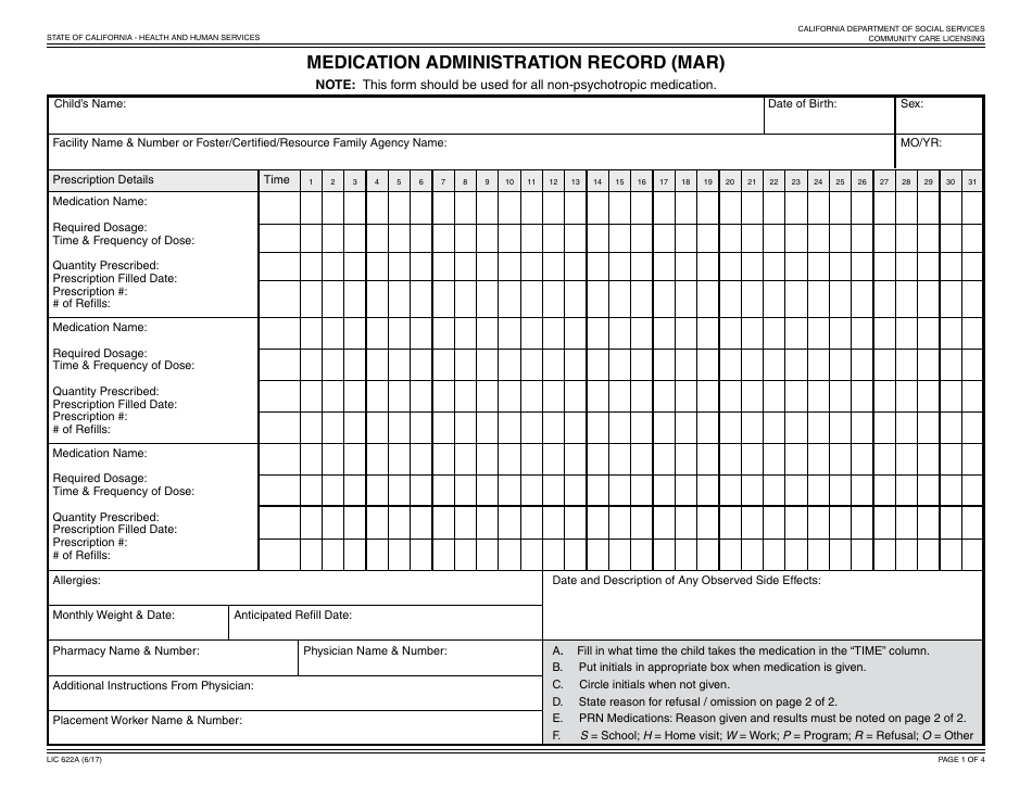 Form LIC622a Medication Administration Record (MAR) - California, Page 1