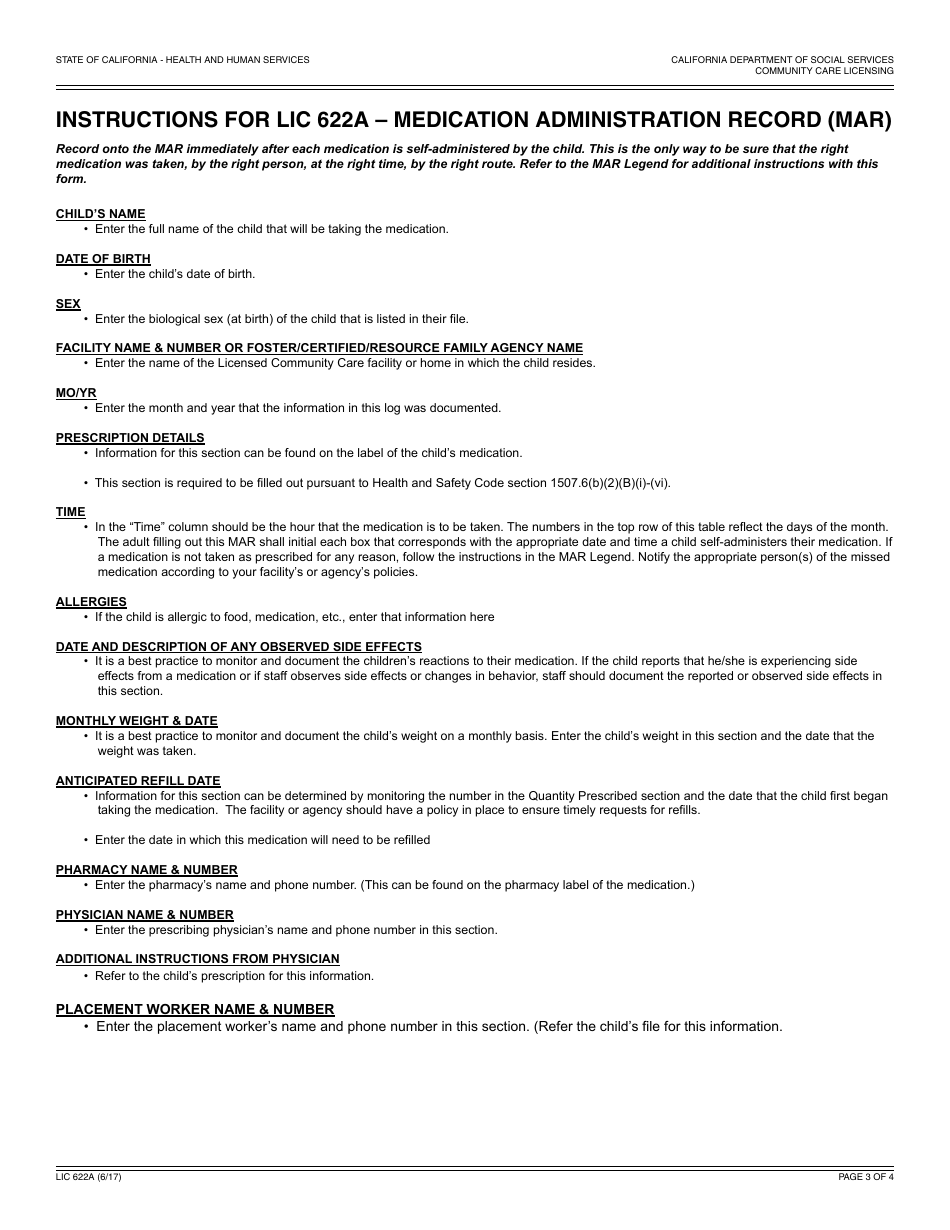 Form LIC622a Medication Administration Record (MAR) - California, Page 3