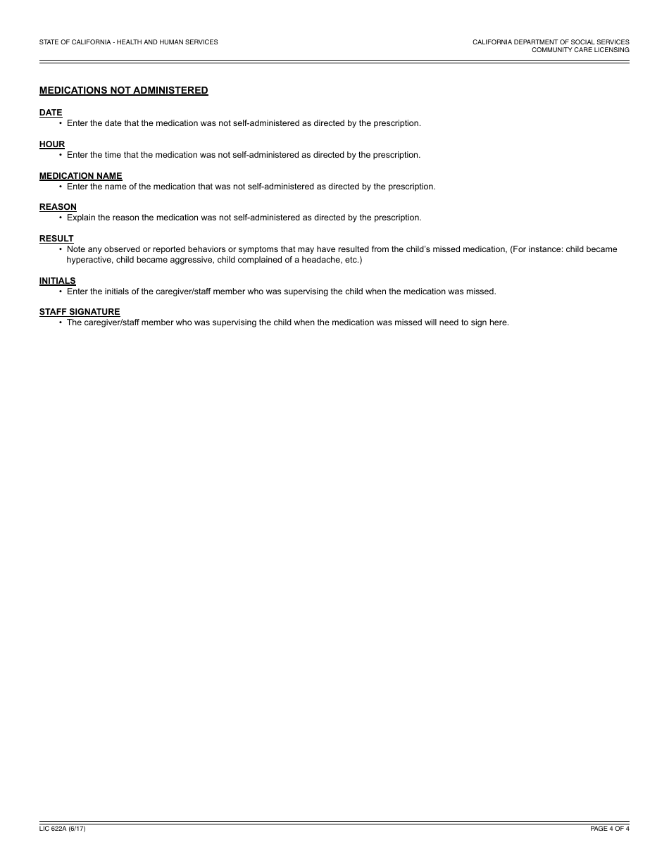 Form LIC622a Medication Administration Record (MAR) - California, Page 4