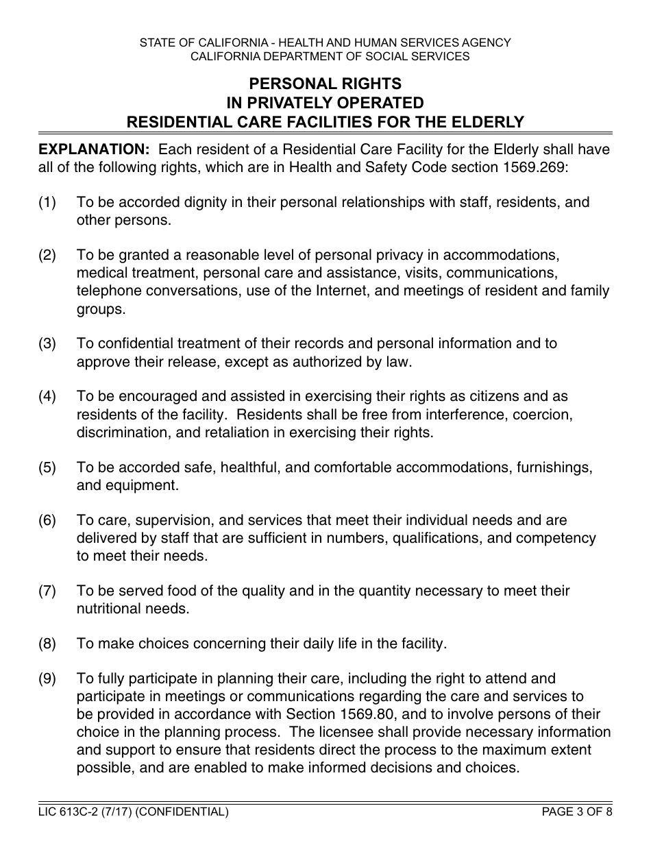 Form LIC613c-2 Personal Rights in Privately Operated Residential Care Facilities for the Elderly - California, Page 3