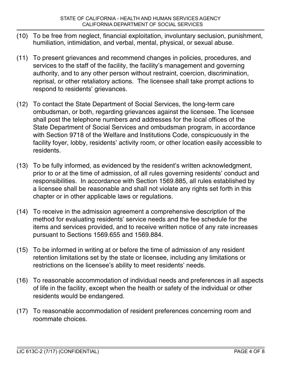 Form LIC613c-2 Personal Rights in Privately Operated Residential Care Facilities for the Elderly - California, Page 4