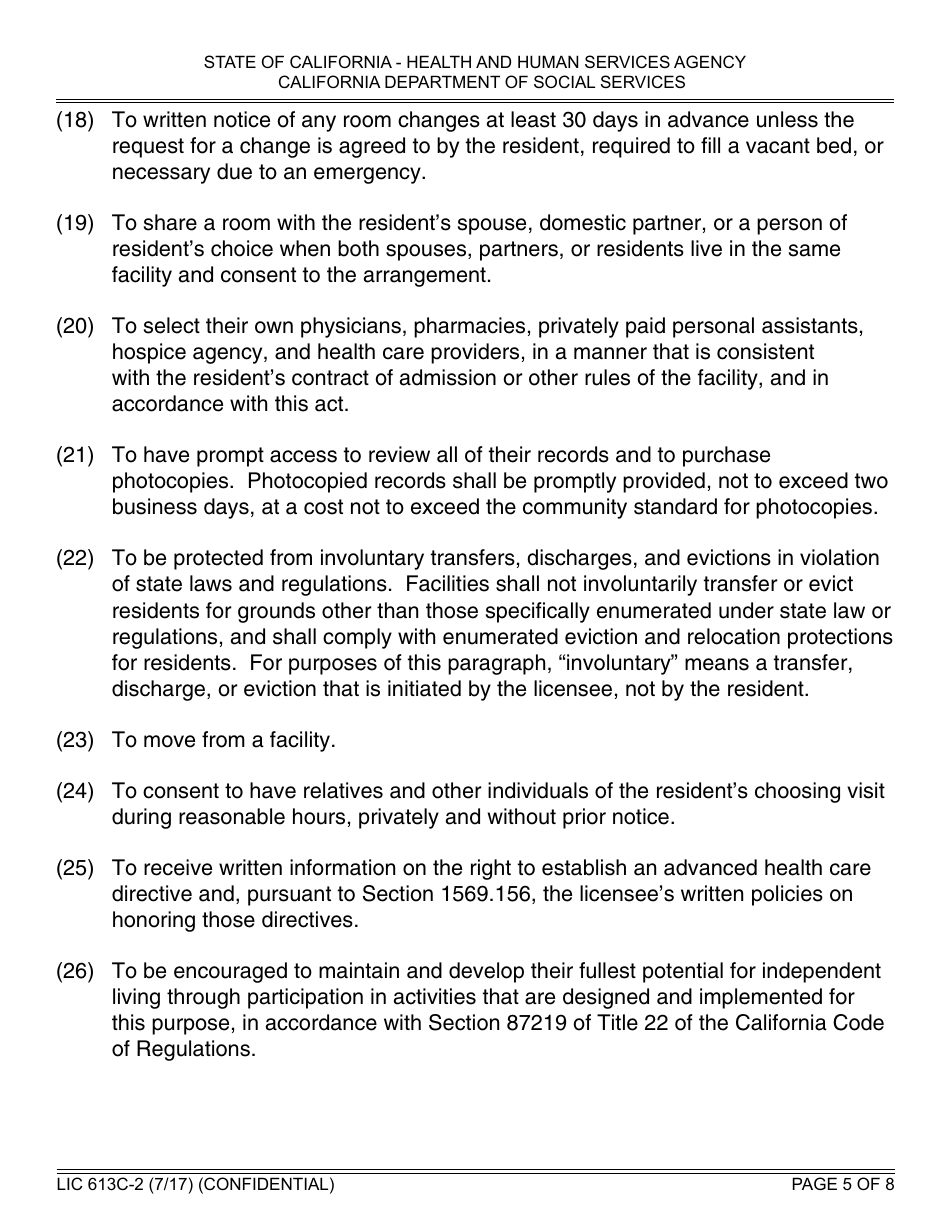 Form LIC613c-2 Personal Rights in Privately Operated Residential Care Facilities for the Elderly - California, Page 5