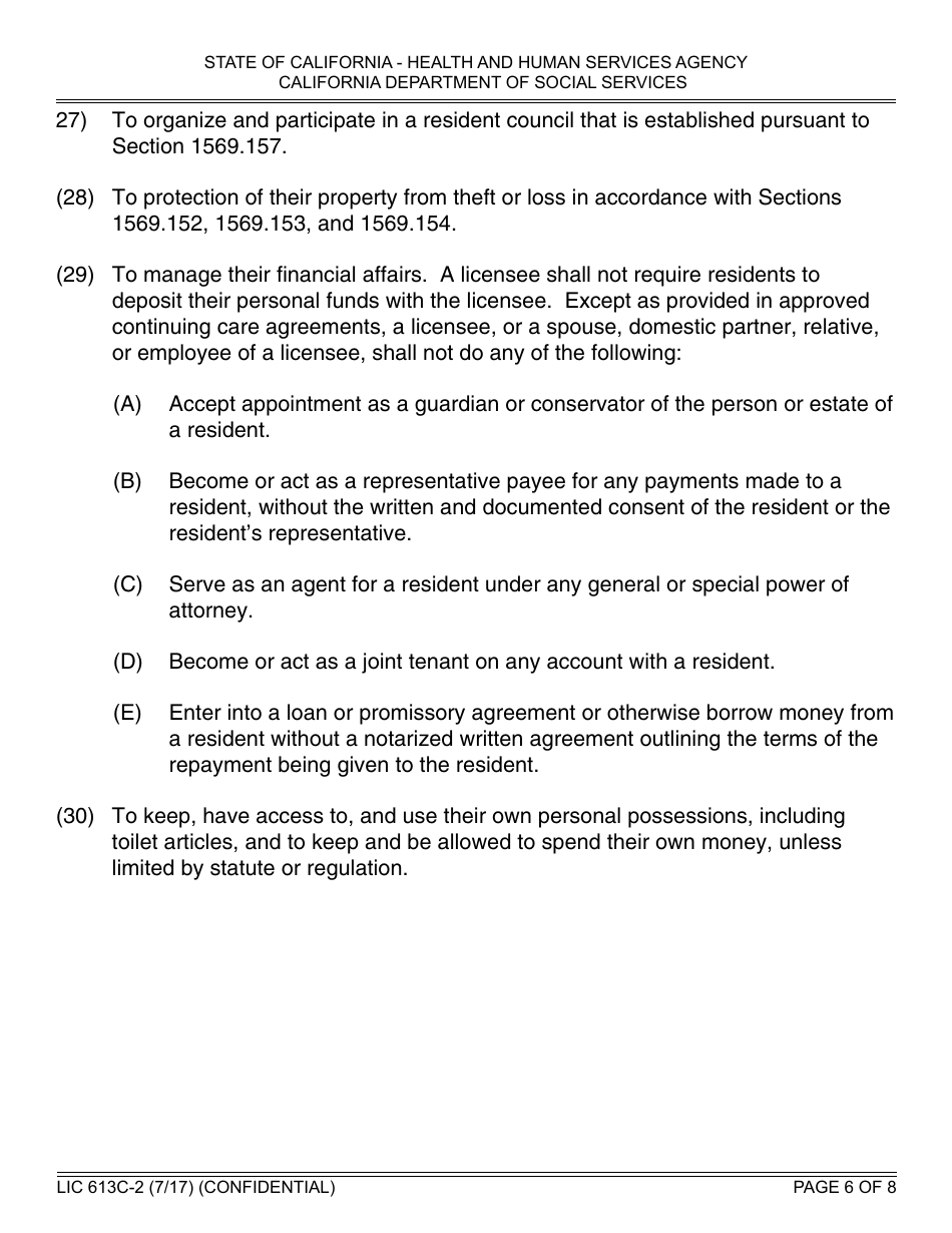 Form LIC613c-2 Personal Rights in Privately Operated Residential Care Facilities for the Elderly - California, Page 6