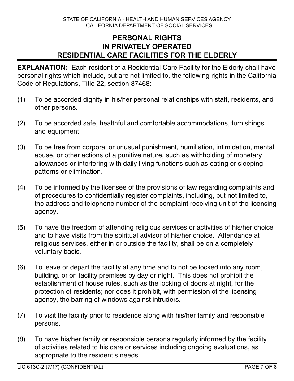 Form LIC613c-2 Personal Rights in Privately Operated Residential Care Facilities for the Elderly - California, Page 7