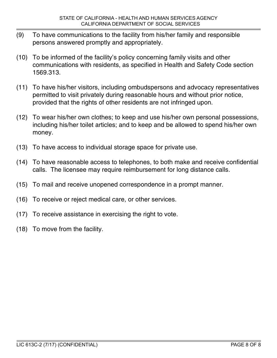 Form LIC613c-2 Personal Rights in Privately Operated Residential Care Facilities for the Elderly - California, Page 8