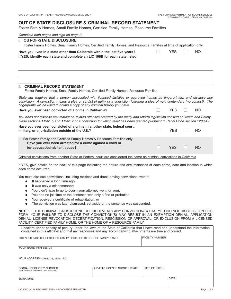 Form LIC508D Out-of-State Disclosure and Criminal Record Statement - California, Page 1