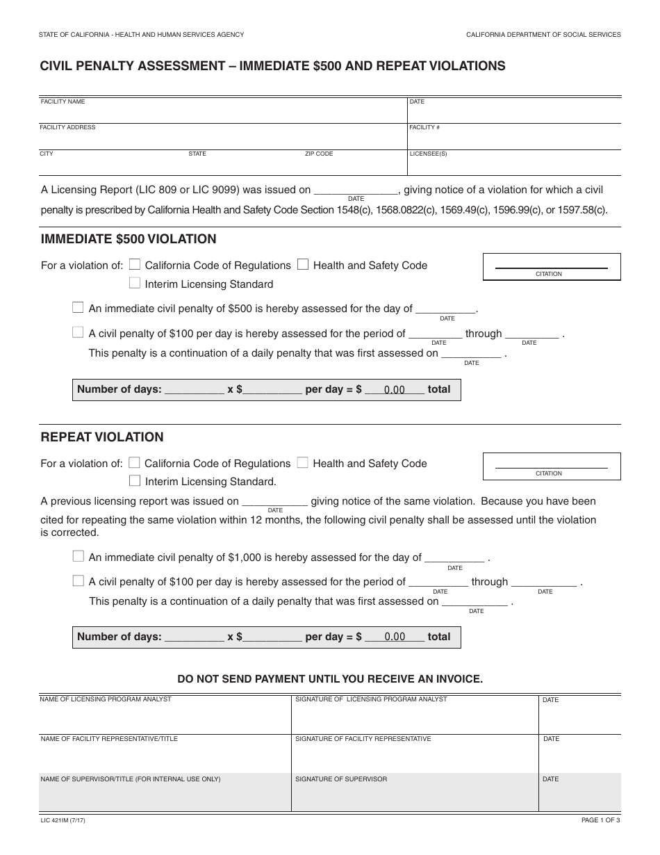 Form LIC421IM Civil Penalty Assessment  Immediate 500 Dollars and Repeat Violations - California, Page 1