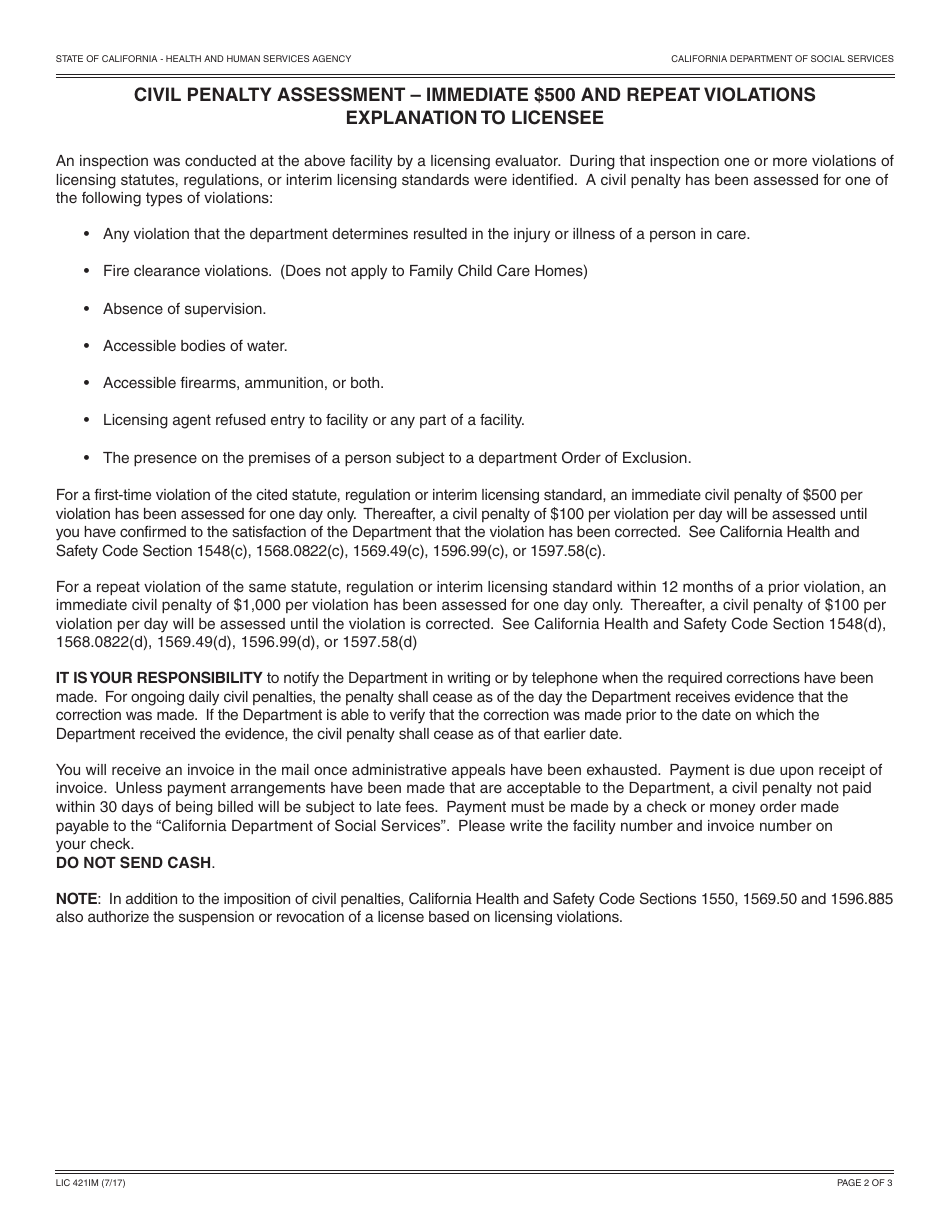 Form LIC421IM Civil Penalty Assessment  Immediate 500 Dollars and Repeat Violations - California, Page 2