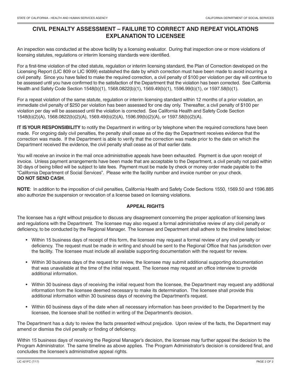 Form LIC421FC Civil Penalty Assessment  Failure to Correct and Repeat Violations - California, Page 2