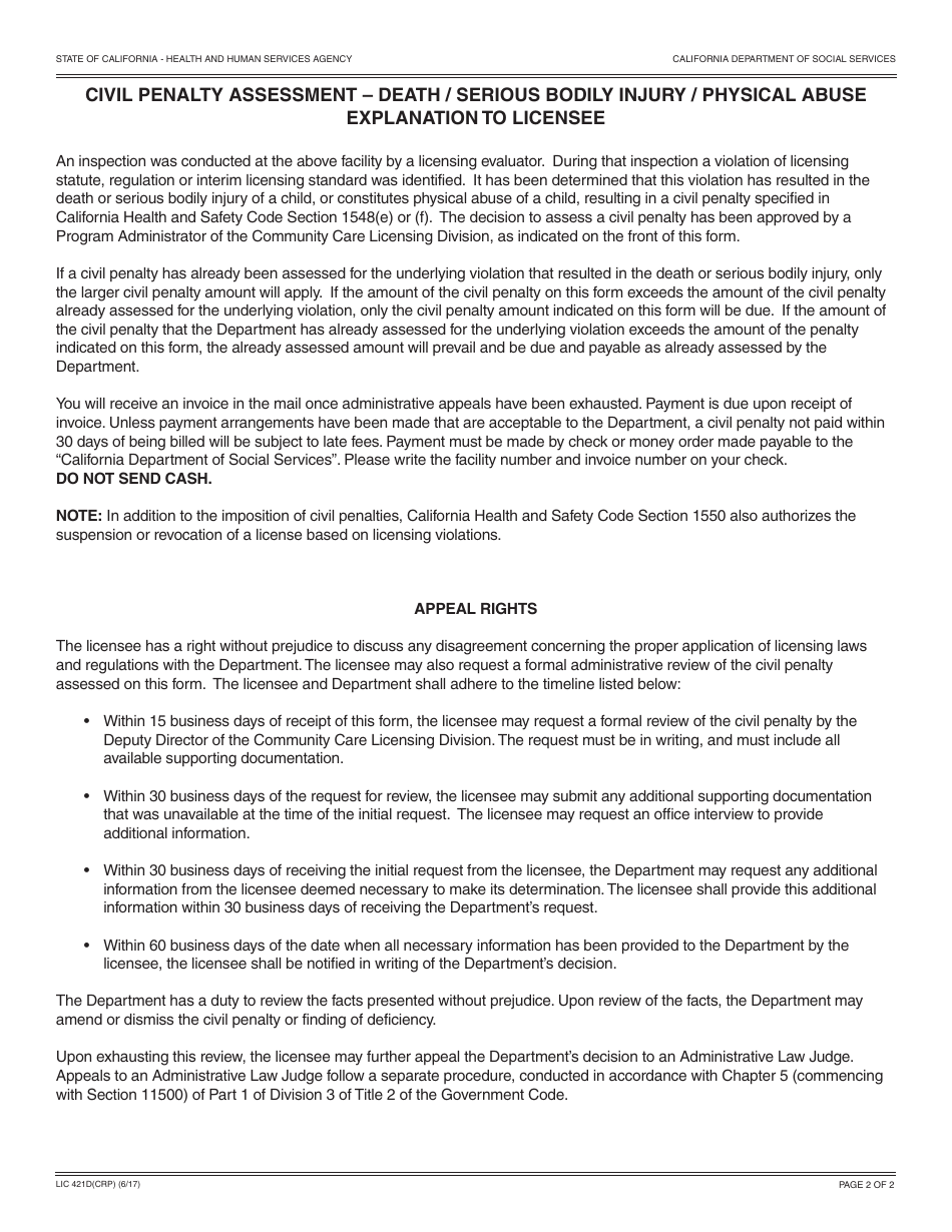Form LIC421D(CRP) Civil Penalty Assessment  Death / Serious Bodily Injury / Physical Abuse (Crp) - California, Page 2