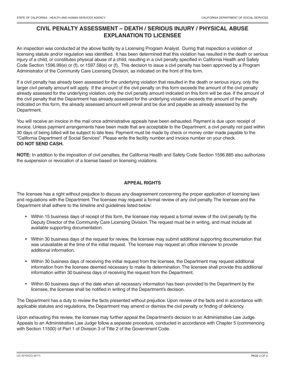 Form LIC421D(CC) Civil Penalty Assessment  Death / Serious Injury / Physical Abuse (Child Care) - California, Page 2