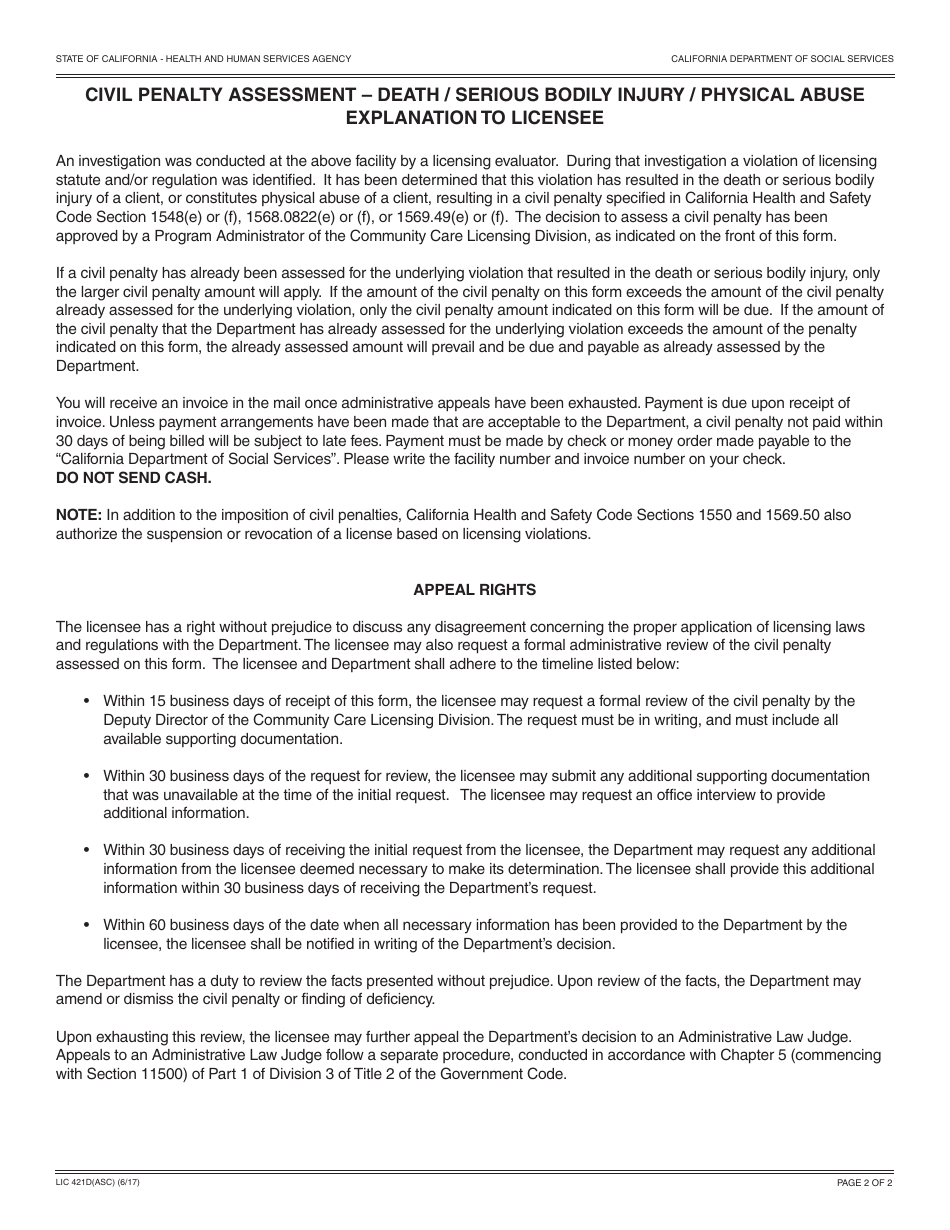 Form LIC421D(ASC) Civil Penalty Assessment  Death / Serious Bodily Injury / Physical Abuse (Asc) - California, Page 2
