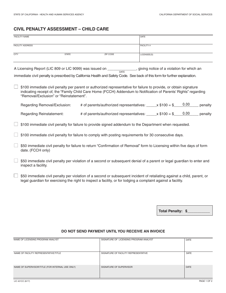 Form LIC421CC Civil Penalty Assessment  Child Care - California, Page 1