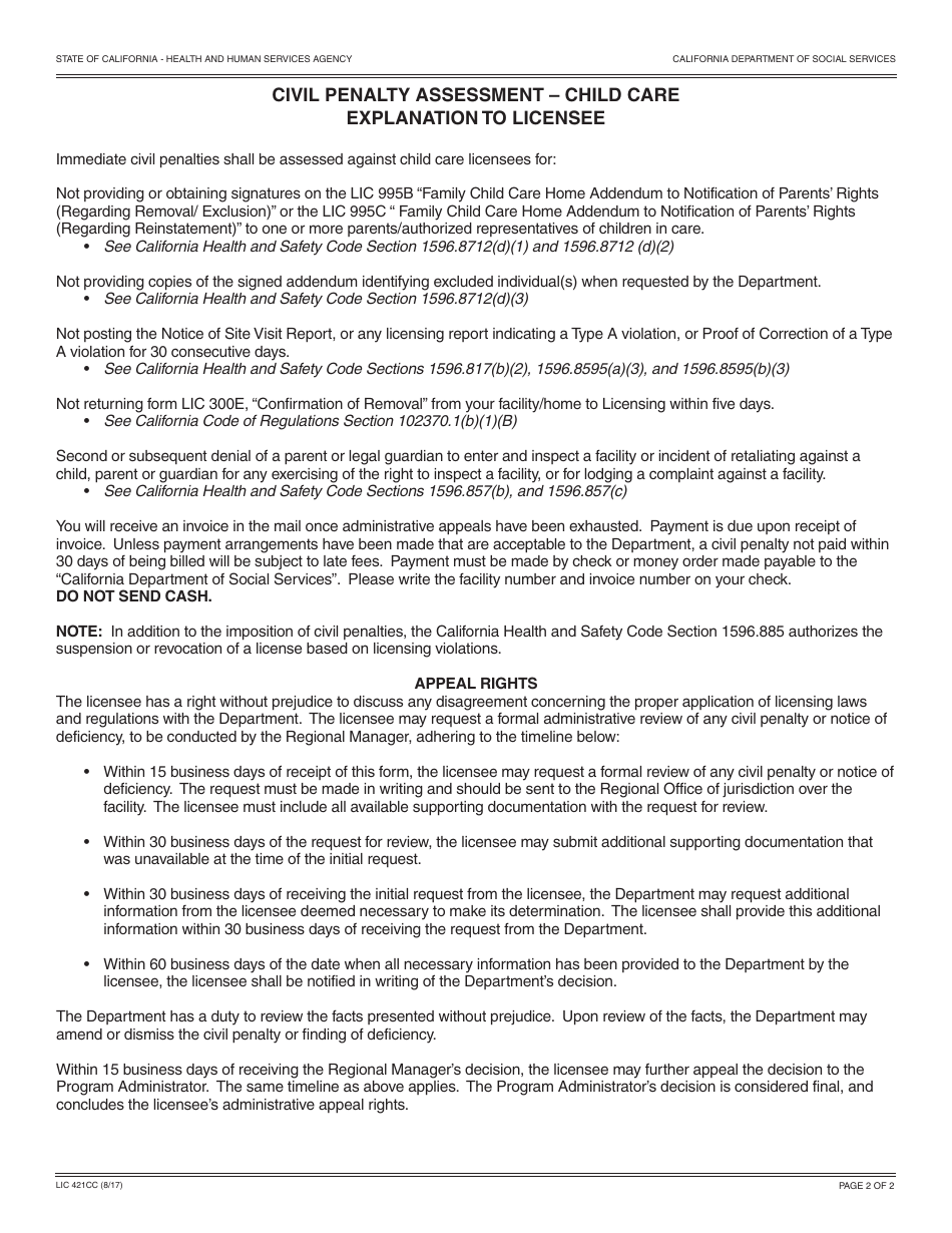 Form LIC421CC Civil Penalty Assessment  Child Care - California, Page 2