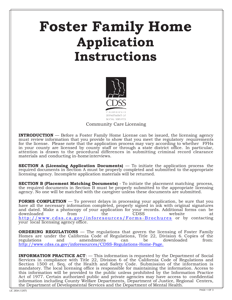 Download Instructions for Form LIC283 Foster Family Home Application