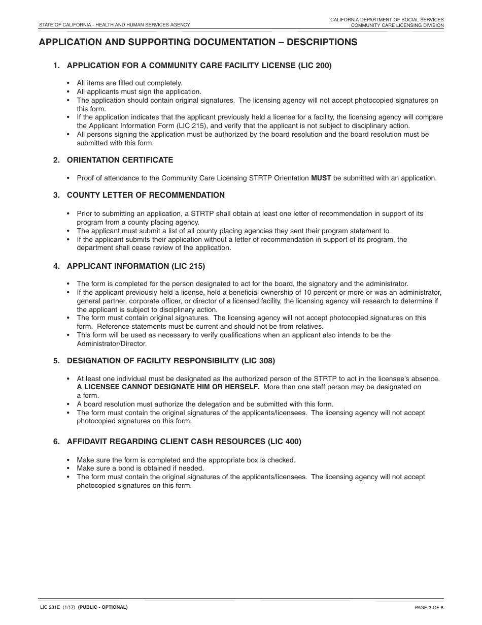 Form LIC281E Application and Supporting Documentation Checklist - Short-Term Residential Therapeutic Program - California, Page 3